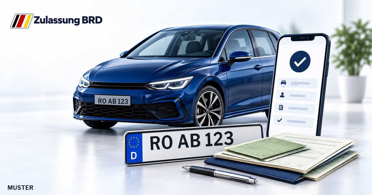 Online Fahrzeugzulassung in Stephanskirchen: Musterkennzeichen RO AB 123, Auto und Fahrzeugpapiere und Smartphone. Illustration mit Logo von Zulassung BRD.